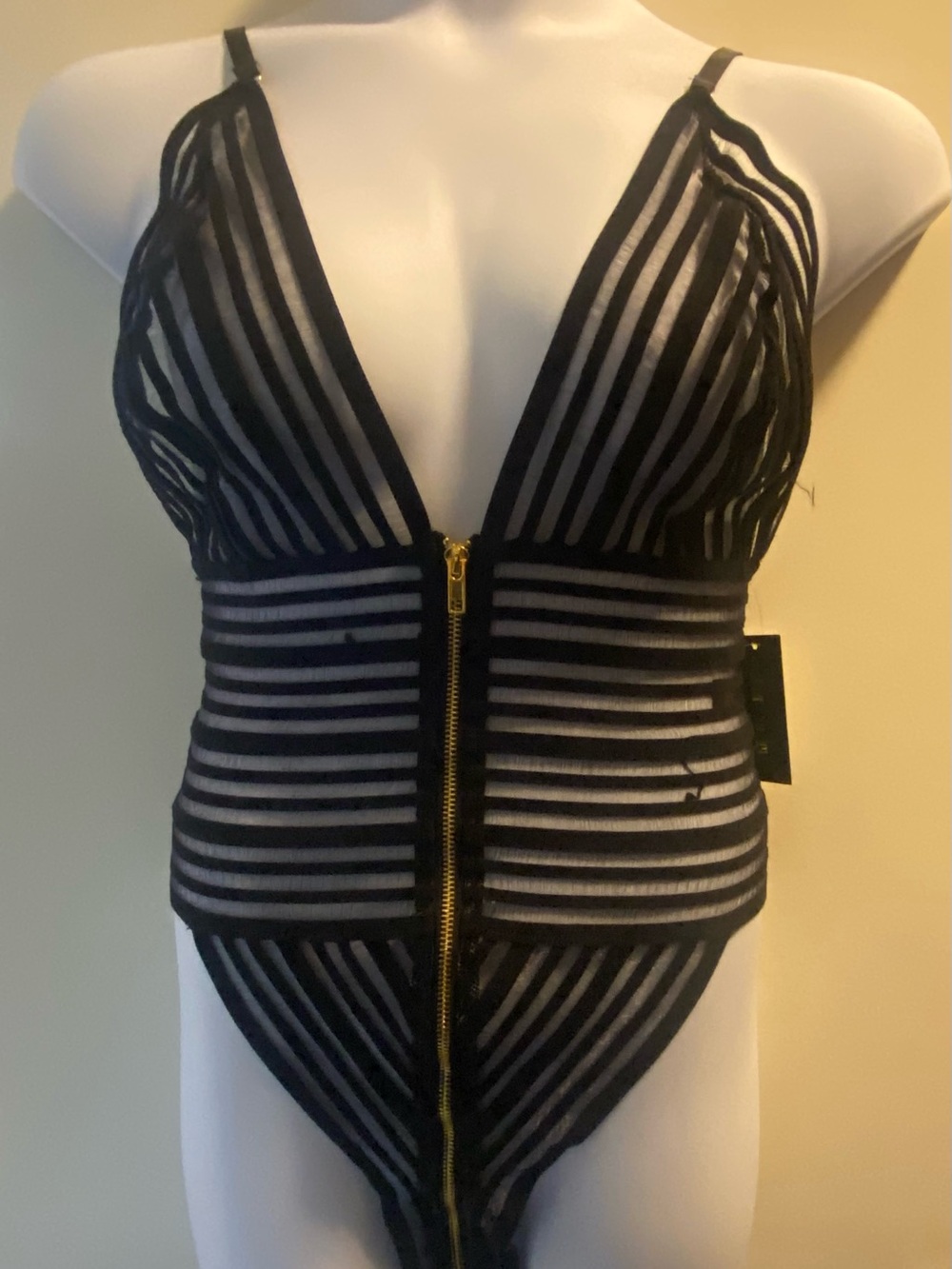 NWT Dreamgirl Sheer Black Striped One-Piece Bodysuit with Front Zip
